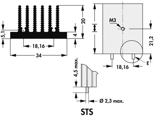 SK46050STS - 34mm széles méret:50x34x20mm 7,0K/W, forrasztható Lábak M3 menetes Furattal hűtőborda - FISCHER ELEKTRONIK