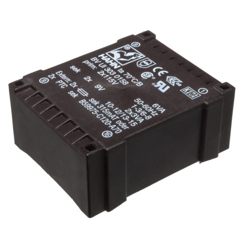BVUI3030145 - 2 X 12V / 250 mA 6VA ,FLAT-type , Primér: 2 X 115V transzformátor - HAHN