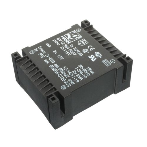 BVUI3940086 - 2 X 6V / 1500 mA 18VA ,FLAT-type , Primér: 2 X 115V transzformátor - HAHN