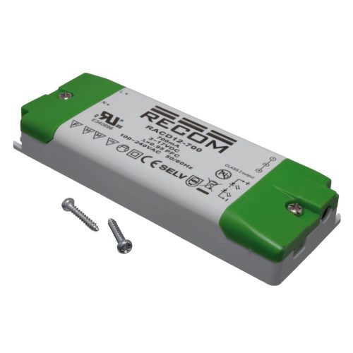 RACD12-700 - LED-meghajtó 12W Vin=90-264V Vout=3-17V I=700mA IP20 123x45x18mm + 2db rögzítő csavarral AC/DC-átalakító - RECOM