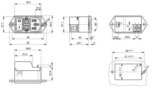 DD11.0121.1111 - hálózati csatlakozó dugó, beépíthető, 250V/7A, biztosíték fedő:4301-1401 - SCHURTER