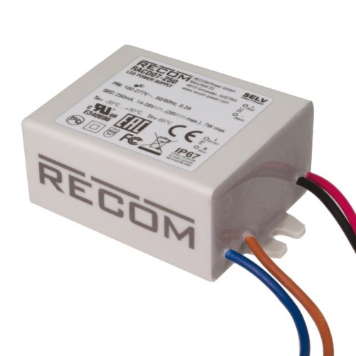RACD07-250 - LED-meghajtó 7W Vin=90-295V Vout=28V I=250mA IP67 AC/DC-átalakító - RECOM
