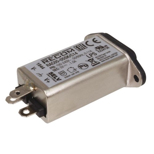 RAC05-12SK/C14 - 5W szűrővel C14 szerelhető aljzat ház Vin=85-264V Vout=12V Iout=0.42A AC/DC-átalakító - RECOM